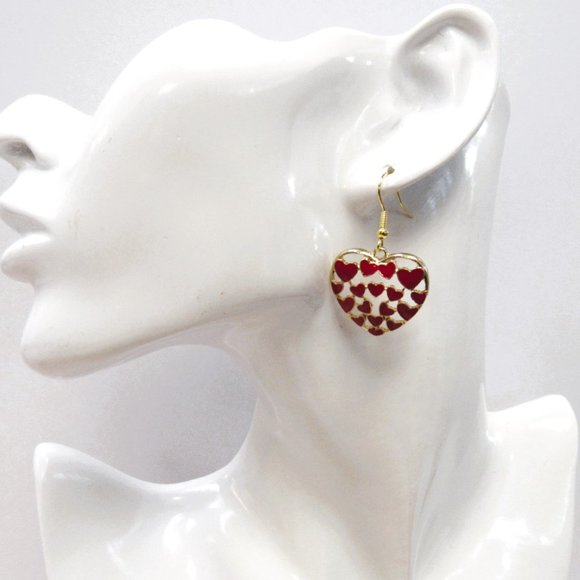 Gold Plated Red Heart Dange Drop Valentines Day Earrings - Picture 3 of 3